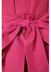  Modest Dark Pink Belted Chief Collar Button Detail Woven Dress TCTSS21EL3343