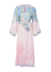  Modest Powder Linen Look Spanish Sleeves Belted Print Woven Dress Tctss25Eb00033