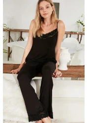  Collection Viscose Knitted Black Lace Pajamas Set - Rope Strap, Ribbon/Bow Detail Thmss20Pt0134