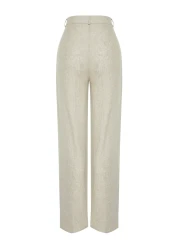  Collection بنطال منسوج من القطن والكتان بأرجل واسعة ومضلع باللون البيج TWOSS24PL00062