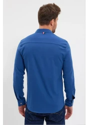 DeepSea قميص رجالي من الليكرا بقصة ضيقة باللون الأزرق الداكن - بأكمام طويلة وأزرار كبس2403013