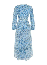  Modest Light Blue Floral Print Belted Stand Collar Lined Chiffon Woven Dress TCTSS21EL3346