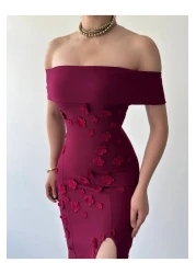 Afiş Butik Burgundy Madonna Collar Floral Embroidered Slit Long Dress