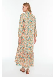  Modest Orange Floral Half Placket Skirt Tip Ruffle Lined Woven Dress TCTSS21EL3353