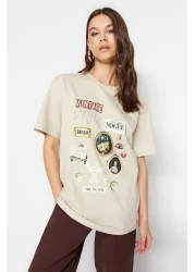  Collection تي شيرت محبوك من Premium Stone 100% قطن مطبوع كبير الحجم/قصة واسعة ورقبة دائرية TWOSS23TS00282