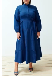  Modest Saks Belted Chief Collar Button Detail Woven Dress TCTSS21EL3343