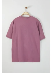  Collection Purple Oversize/Wide Cut Faded Effect Text Printed 100% Cotton Tuck Fabric T-Shirt Tmnss23Ts00174