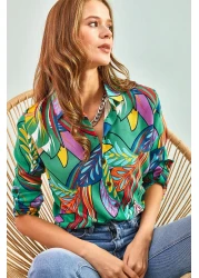 Bianco Lucci قميص فيسكوز نسائي مطوي وأكمام منقوشة بأوراق متعددة