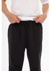 NASIFOĞLU GİYİM بنطلون كتان أسود - مقاس فضفاض مريح، 100% قطن، يحافظ على البرودة، بنطلون رجالي بخصر مطاطي