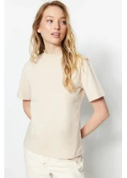  Collection تي شيرت منسوج بياقة واقفة أساسي من القطن بنسبة 100% مكون من قطعتين باللون البني والبيج TWOSS20TS1500