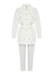  Modest Ecru Gold Scuba Button Detailed Top and Bottom Set - TCTSS24US00017