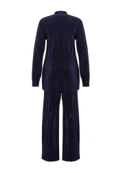  Modest Navy Blue Pleated Knitted Top and Bottom Set TCTSS24US00040