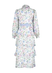  Modest Blue Belted Lined Chiffon Floral Woven Dress TCTSS24EB00024
