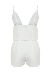  Collection White Floral Lined Self Pattern Shorts Woven Pajamas Set Thmss24Pt00075