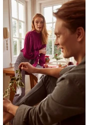  Collection Satin Woven Blouse - Plum Color, Tie Detailed TOFAW19FG0082