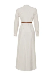  Modest Beige Striped Belt Detailed Woven Dress TCTSS24EB00171