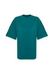  Collection Emerald Green 100% Cotton Back Slogan Printed Oversize/Wide Fit Knitted T-Shirt TWOSS24TS00091