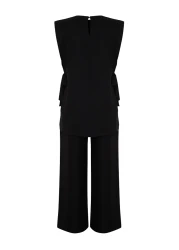  Modest Black Linen Look Side Tie Woven Bottom Top Set TCTSS24US0001