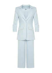  Modest Blue Pearl Detailed Crepe Jacket Trousers Woven Bottom Top Set TCTSS24US00011