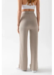 CNRCollection بنطال ضيق نسائي من القماش المشروط ذو اللون الحجري ذو مقاس واسع