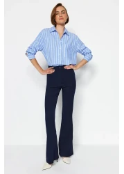  Collection Navy Blue Spanish Leg Flare Woven Fabric Trousers Tofaw19Bb0581