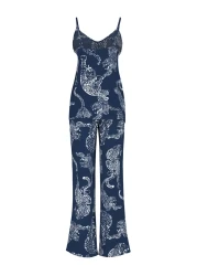  Collection Navy Blue Tiger Patterned Rope Strap Viscose Woven Pajamas Set Thmss24Pt00127