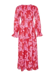  Modest Red Floral Printed Plus Size Elastic Woven Dress TCTSS24EB00109