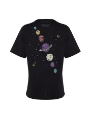  Collection Black 100% Cotton Front and Back Galaxy Printed Boyfriend Fit Crew Neck Knitted T-Shirt TWOSS23TS00257