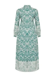  Modest Blue Ethnic Patterned Prevailing Collar Linen Look Woven Shirt Dress TCTSS23EB00286