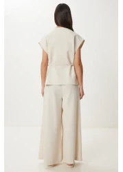 Happiness İstanbul بدلة بنطلون نسائية من الكتان الكريمي NO00020