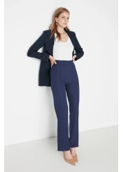  Collection Navy Blue Straight Cut High Waist Ribbed Stitched Woven Trousers TWOSS21PL0093