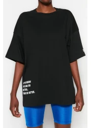  Collection Black 100% Cotton Slogan Printed Oversize/Wide Fit Crew Neck Knitted T-Shirt TWOSS23TS00183
