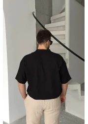 Livio Ferri قميص Soro رجالي كبير الحجم ذو مظهر كتان وأكمام قصيرة وياقة نصف فتحة