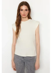  Collection Beige 100% Cotton Wadding Look Basic Crew Neck Knitted T-Shirt TWOSS20TS0021