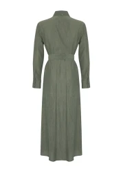  Modest فستان قميص منسوج سادة بتفاصيل حجرية كاكي - حجاب مجعد TCTSS25EB00049