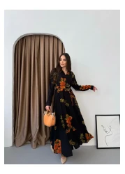 Att Style Full Length Black Floor Orange Rose Pattern Dress