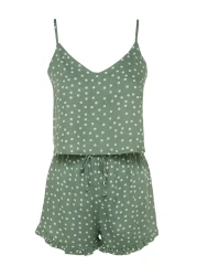  Collection Mint Polka Dot Ruffle Detail Rope Strap Viscose Shorts Woven Pajama Set Thmss21Pt0742