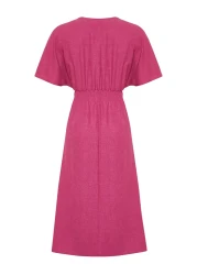  Collection Fuchsia Tie Detailed A-line V-neck Midi Woven Dress TWOSS23EL01543
