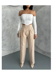 Zeo Basic Women's High Waist Velcro Closure Palazzo Pants