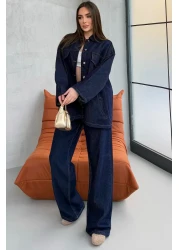 ASEDE Pocket Detailed Belted Navy Blue Denim Premium Jacket Jean Set