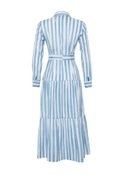  Modest Blue Shirt Dress with Gradient Stripes and Belted - Tctss24Eb00150