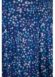  Collection فستان منسوج متوسط الطول من الفيسكوز بطبعة زهور باللون الأزرق الداكن ورقبة مربعة على شكل حرف A TWOSS20EL3331