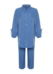  Modest طقم علوي منسوج من الكتان باللون النيلي TCTSS24US00062