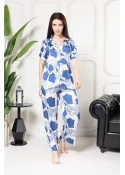 mervemoda Women's Silk Satin Thin Summer Front Button Pajamas Set