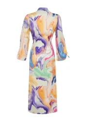  Modest Multi-Colored Magnifying Collar Drawstring Gather Detailed Abstract Woven Dress TCTSS24EB00103