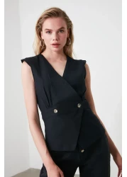  Collection بلوزة منسوجة مزدوجة الصدر بأزرار على شكل عظمة سوداء TWOSS20BZ0707