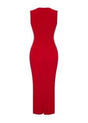  Collection Stylish Red Draped Knitted Evening Dress - Fitting on the Body, TPRSS24EL00161