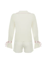  Collection Ecru Laced/Ribbon/Bow and Ribbed Viscose Shorts Woven Pajama Suit Thmss24Pt00047