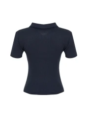  Collection بلوزة مضلعة بياقة بولو باللون الأزرق الداكن - تفاصيل سحاب، محبوكة قابلة للتمدد، مقاس مناسب TWOSS23BZ00496