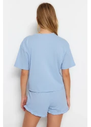  Collection Blue Cotton Ruffle Printed Shorts Knitted Pajamas Set Thmss22Pt0422